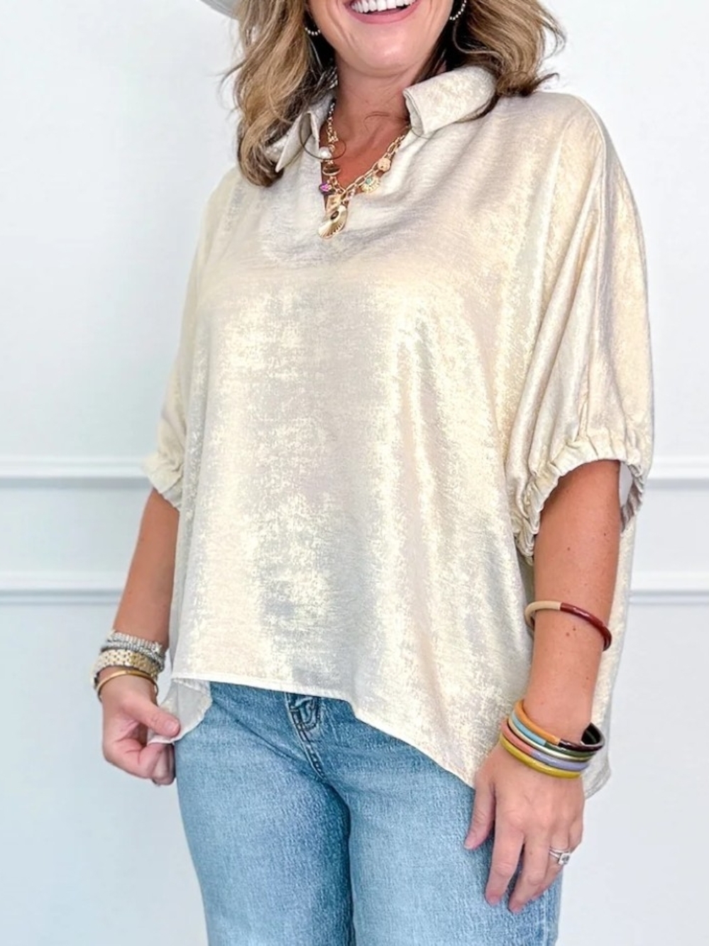 JODIFL Shimmery Cream Collared Women's Top Large PTP 26